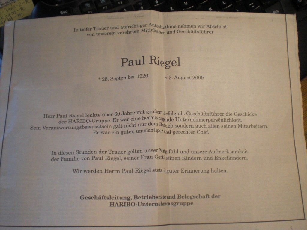 Todesanzeige Firma HARIBO für Paul Riegel