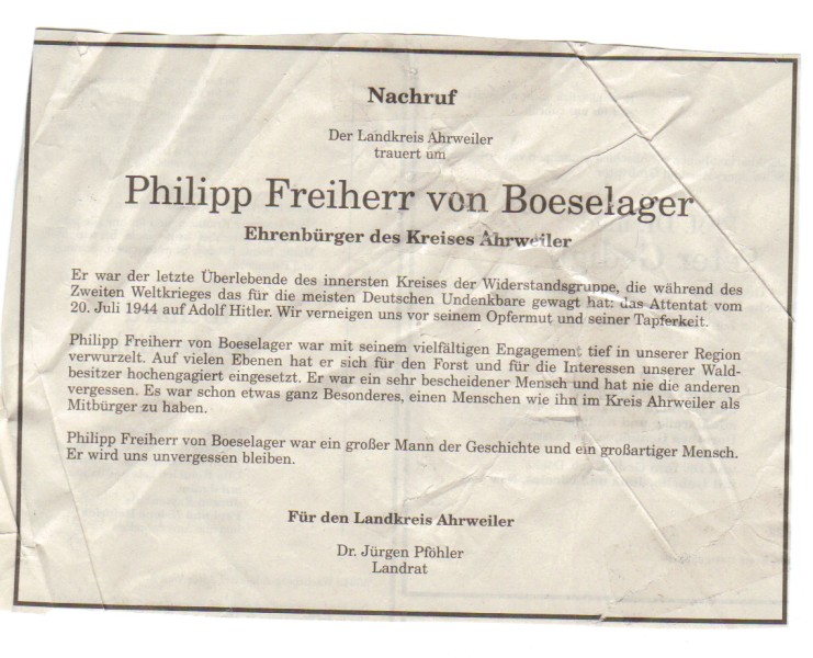 todesanzeige kreis ahrweiler für philipp freiherr von böselager
